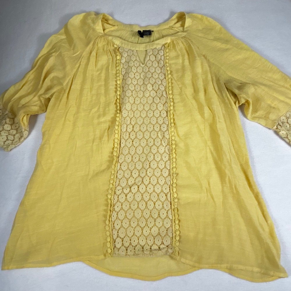 New Directions Woman‎ Yellow Lace Inset Tunic Top Blouse 3/4 Sleeve Casual